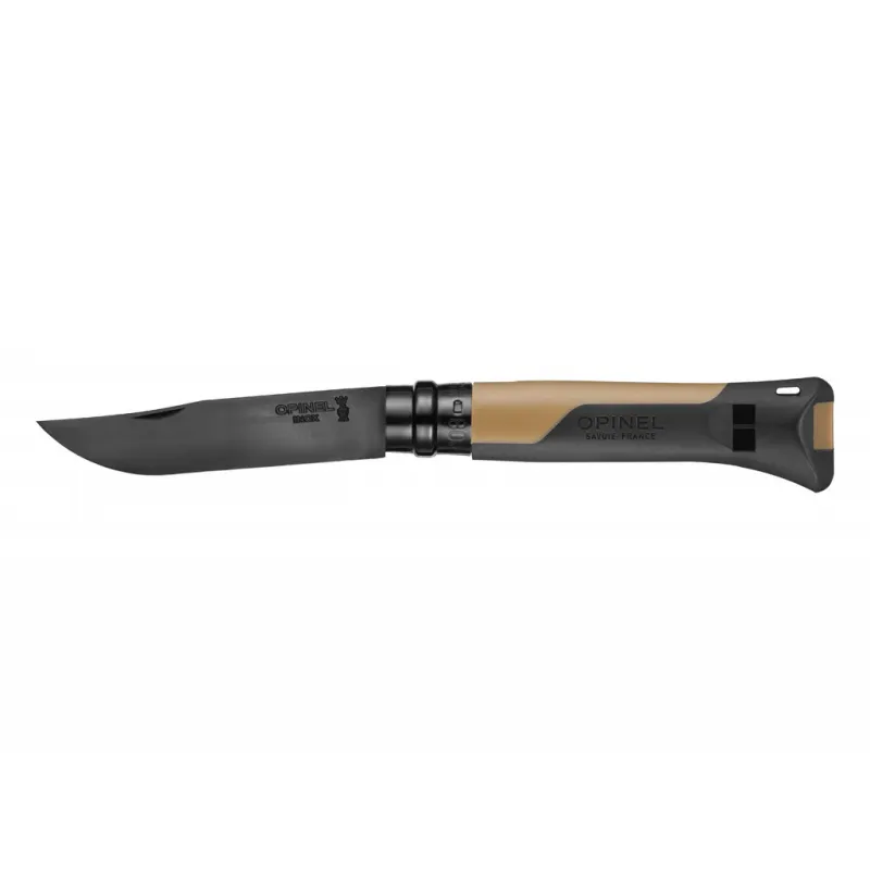 Opinel No.8 Horizon Knife Mustard - 3.14" Black Stainless Steel Blade Mustard Brown and Black Handle with Whistle Cyclaire Knives and Tools