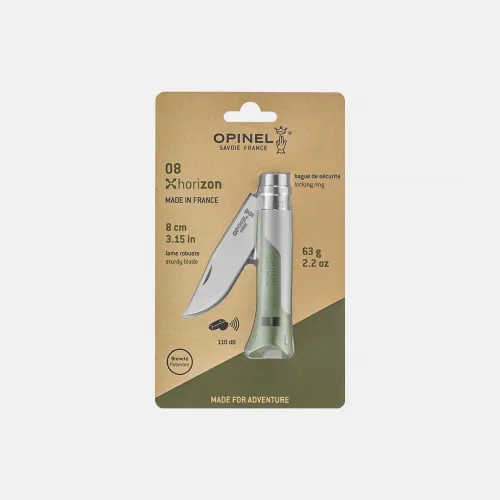 Opinel No.8 Horizon Knife Khaki Green - 3.14" Stainless Steel Blade Green and Grey Handle with Whistle