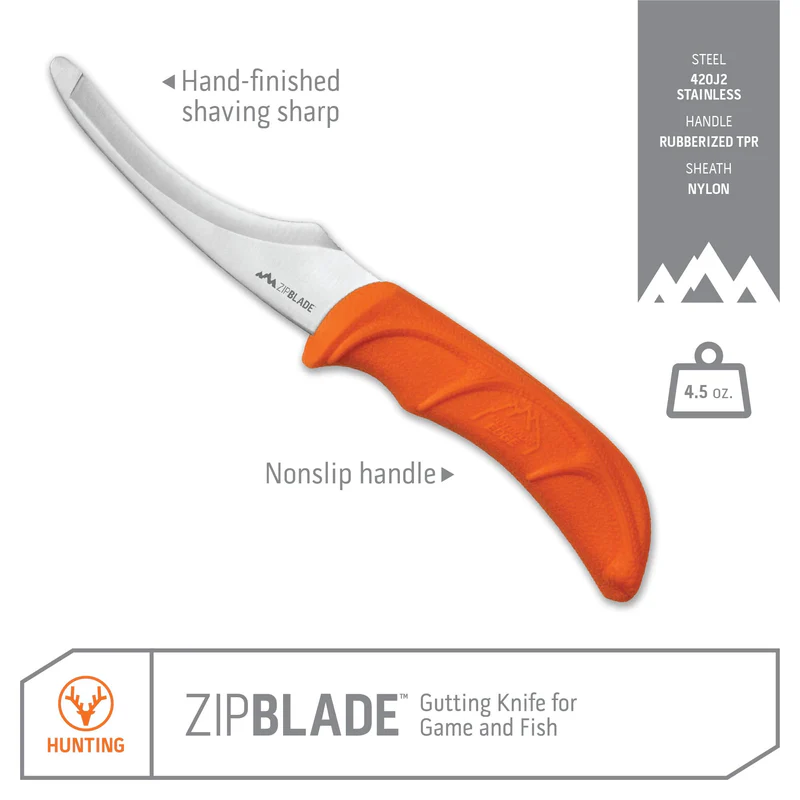 Outdoor Edge Zip Blade 4" Gutting Blade Orange Handle Black Nylon Sheath