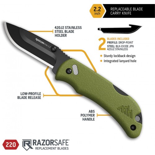 Outdoor Edge Razor Mini Lockback Knife Orange - 2.2" Replaceable Black Coated 420J2 DP Blade OD Green ABS Handle