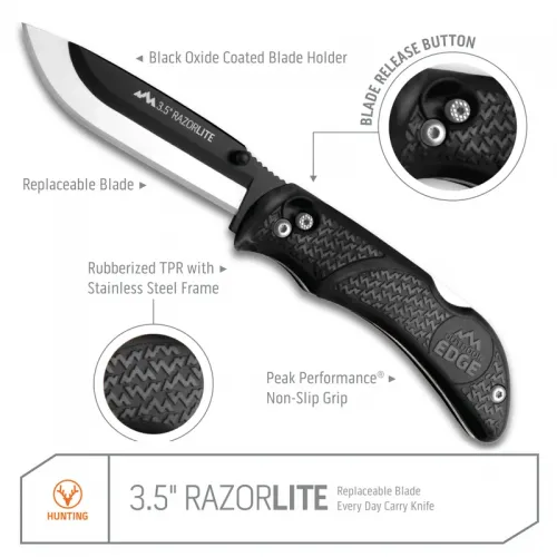 Outdoor Edge RazorPro L Black Folding Hunter - 3.5" Replacement Blades Black Rubberized TRP Handle