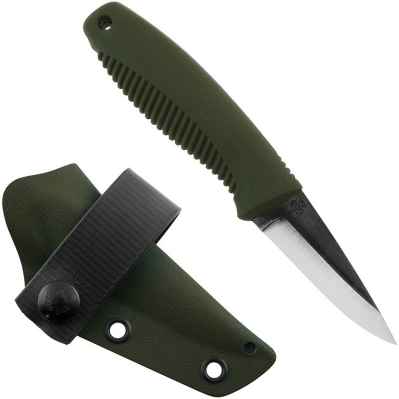 Peltonen Knives M23 Ranger Cub Knife - 2.63" Natural Finish Carbon Steel Blade OD Green TPE Handle Kydex Sheath