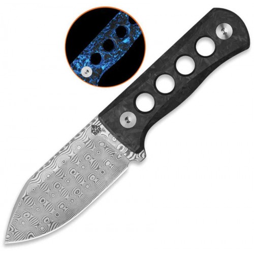 QSP Canary Neck Knife - 2.5" Damascus DP Blade Blue Glow-in-the-Dark Shredded CF Handle