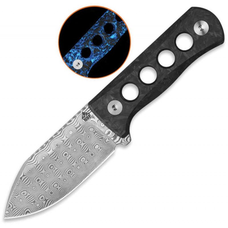 QSP Canary Fixed Blade Neck Knife - 2.5" Damascus DP Blade Blue Glow-in-the-Dark Shredded CF Handle