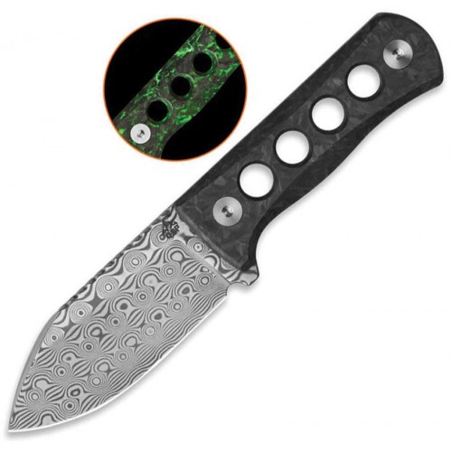 QSP Canary Neck Knife - 2.5" Damascus DP Blade Green Glow-in-the-Dark Shredded CF Handle