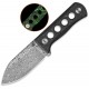 QSP Canary Neck Knife - 2.5" Damascus DP Blade Green Glow-in-the-Dark Shredded CF Handle