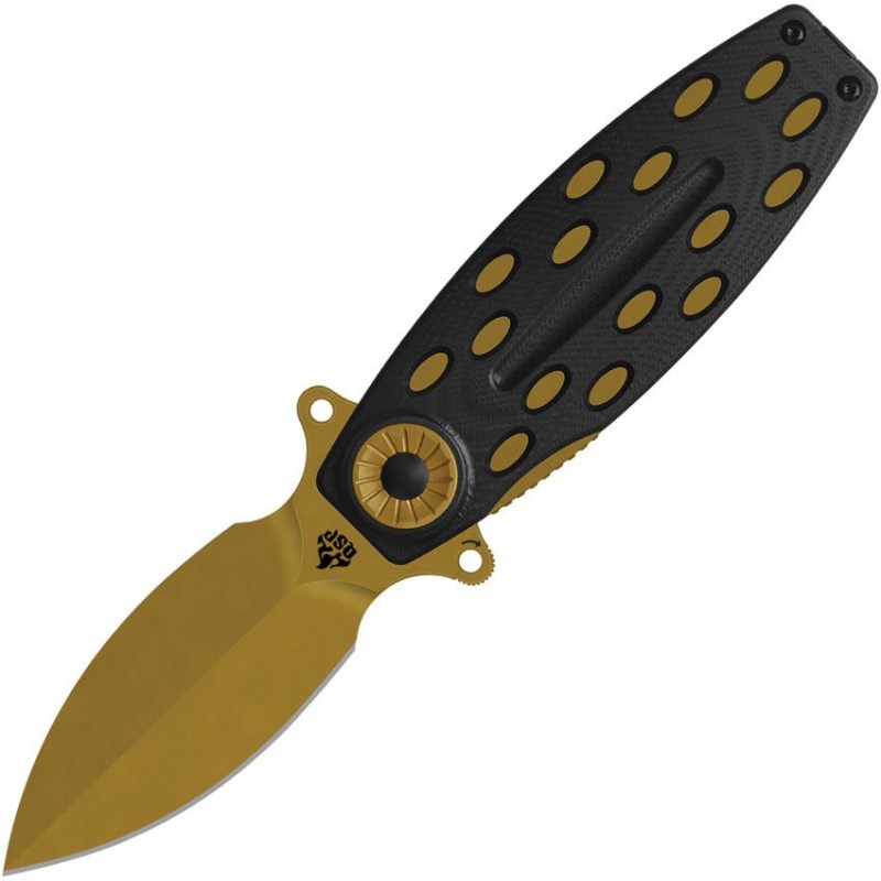 QSP Beetle Folding Knife - 2.95" 14C28N Bronze Single-Edge Spear Point Blade Black G10 Handle