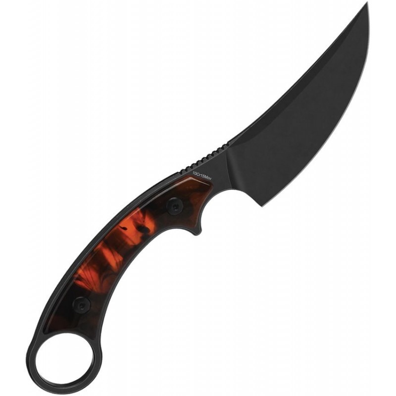 QSP Viper Fixed Blade Knife - 4" Black Stainless Steel CP Blade Black and Red Tortoise Resin Sculpted Handle