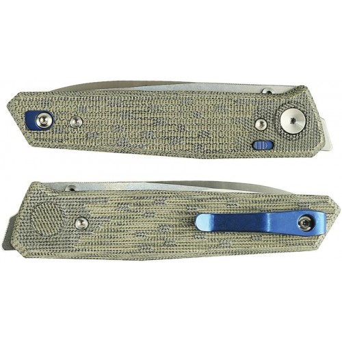 Reate Knives PL-6 Pivot Lock Folding Knife - 3.63" Nitro-V Spear Point Blade Black and Green Canvas Micarta