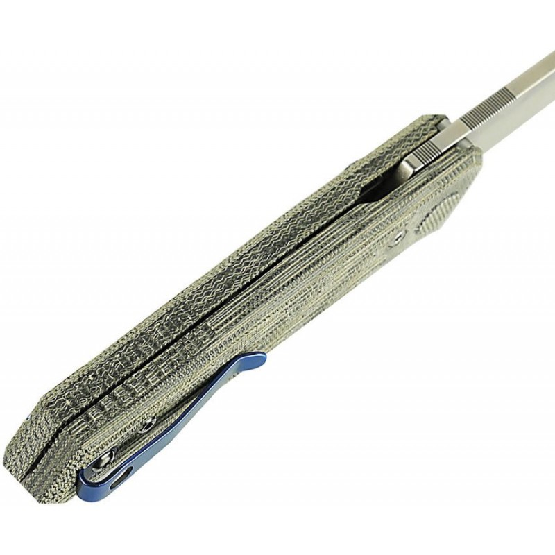 Reate Knives PL-6 Pivot Lock Folding Knife - 3.63" Nitro-V Spear Point Blade Black and Green Canvas Micarta