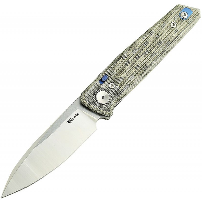 Reate Knives PL-6 Pivot Lock Folding Knife - 3.63" Nitro-V Spear Point Blade Black and Green Canvas Micarta