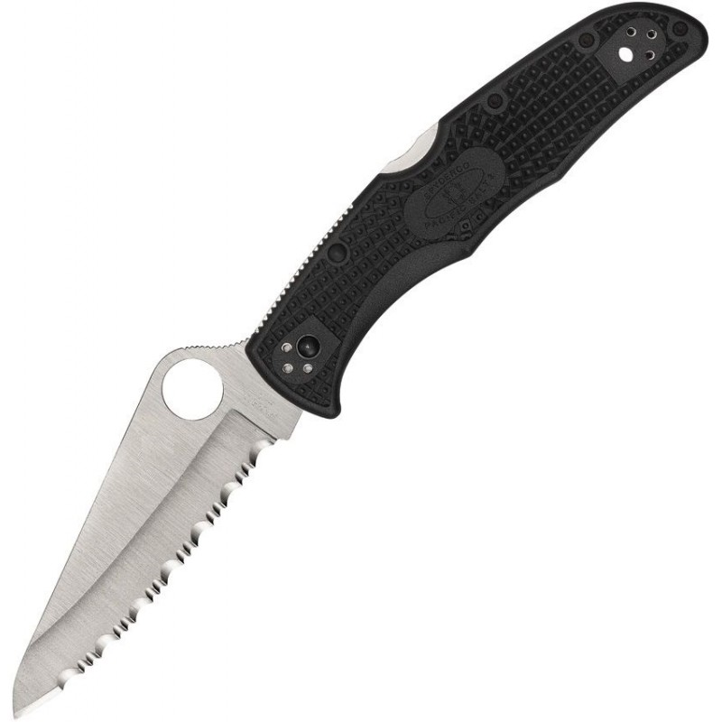 Spyderco Pacific Salt Folding Knife 3.78" H1 Satin Serrated Blade, Black FRN Handle