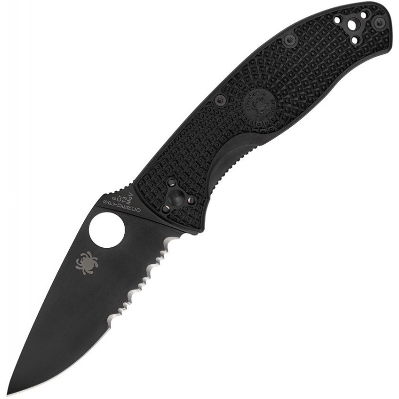 Spyderco LW Tenacious Folding Knife - 3.39" 8Cr13MoV Black Part Serrated Stainless Steel Plain Blade Black Handle