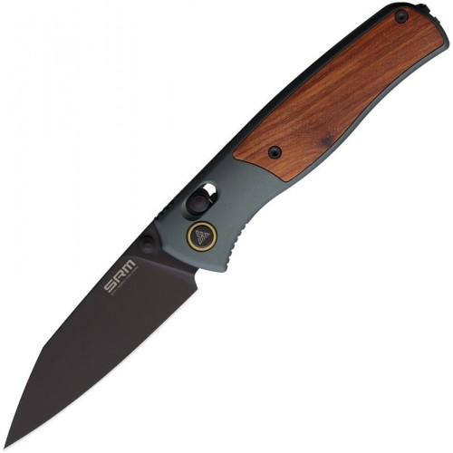 SRM Knives 259L-AG Medal Folding Knife - 3.2" 14C28N Black Blade Green Aluminum Handle with Rosewood inlay 