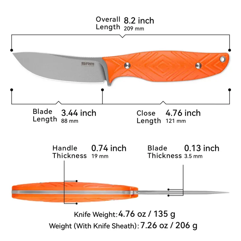 SRM Knives Fossa Fixed Blade Knife - 3.44" 14C28N Blade Orange G10 Handle Cyclaire Knives and Tools