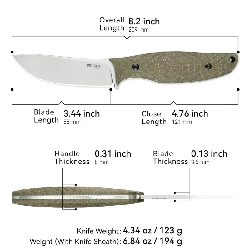 SRM Knives Fossa Fixed Blade Knife - 3.44" 14C28N Blade Green Weave Linen MIcarta Handle Cyclaire Knives and Tools