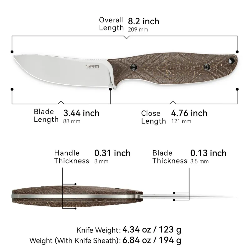 SRM Knives Fossa Fixed Blade Knife - 3.44" 14C28N Blade Tan Weave Linen MIcarta Handle Cyclaire Knives and Tools