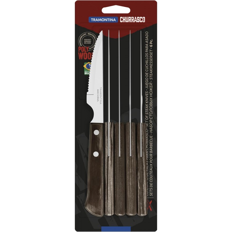 Tramontina Churrasco 6 Piece Wood Steak Knife Set - Dark Brown Wooden Handles