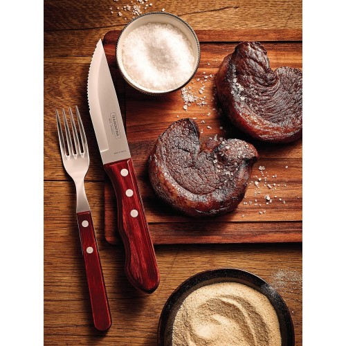 Tramontina Churrasco 4 Piece Jumbo Cutlery Set - 2 Knives and 2 Forks with Red Wood Handle