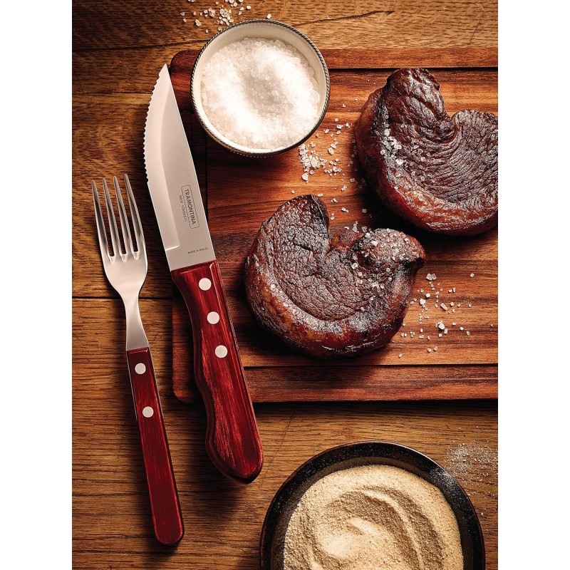 Tramontina Churrasco 4 Piece Jumbo Cutlery Set - 2 Knives and 2 Forks with Red Wood Handle