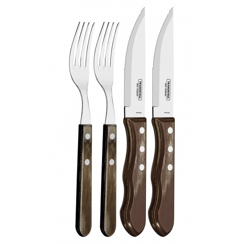 Tramontina Churrasco 4 Piece Jumbo Cutlery Set - 2 Knives and 2 Forks with Wood Handle