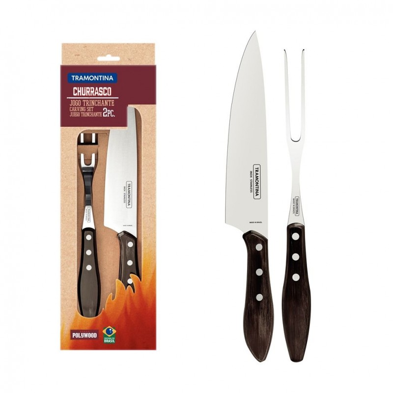 Tramontina Churrasco 2 Piece Wooden Handle Carving Set - Meat Fork and 20cm Carving Knife