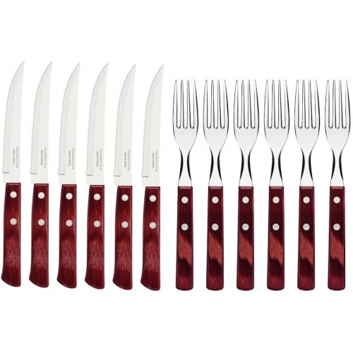 Tramontina Churrasco 12 Piece Cutlery Set - 6 Knives and 6 Forks with Red Wood Handle