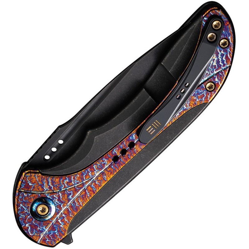 We Knife Equivik Folding Knife - 3.48" CPM-20CV Black Drop Point Blade Black Titanium Handle with Flamed Titanium Scales