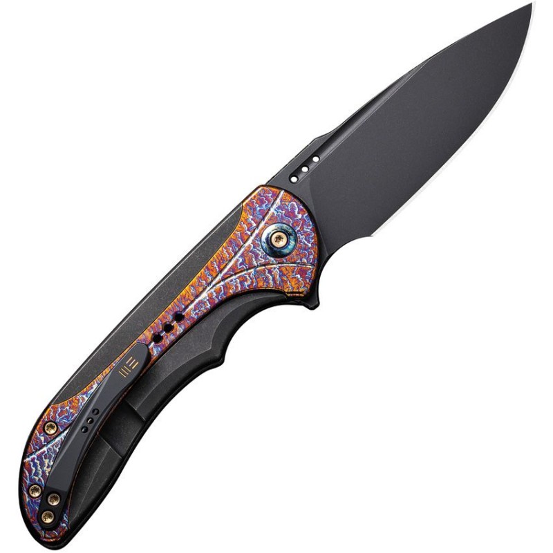 We Knife Equivik Folding Knife - 3.48" CPM-20CV Black Drop Point Blade Black Titanium Handle with Flamed Titanium Scales