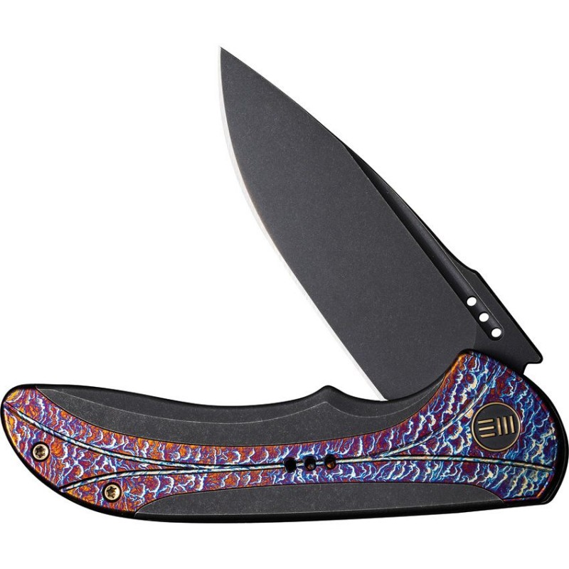 We Knife Equivik Folding Knife - 3.48" CPM-20CV Black Drop Point Blade Black Titanium Handle with Flamed Titanium Scales