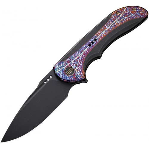 We Knife Equivik Folding Knife - 3.48" CPM-20CV Black Blade Black Titanium Handle with Flamed Titanium Scales