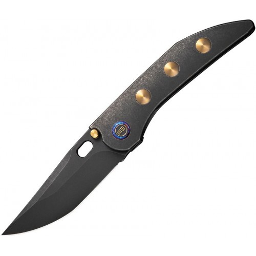 We Knife Attor Folding Knife - 3.55" CPM-20CV Black Blade Black & Gold One Piece Titanium Handle