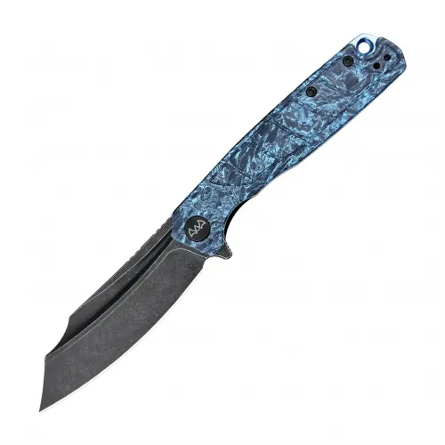 Wixco Splark Folding Knife - 3.62" 14C28N Cleaver Blade Blue Shredded Carbon Fiber and Luminous G10 Handle