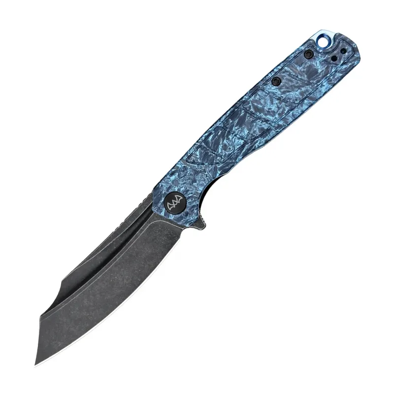 Wixco Splark Folding Knife - 3.62" 14C28N Cleaver Blade Blue Shredded Carbon Fiber and Luminous G10 Handle Cyclaire Knives and Tools