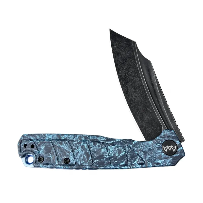 Wixco Splark Folding Knife - 3.62" 14C28N Cleaver Blade Blue Shredded Carbon Fiber and Luminous G10 Handle Cyclaire Knives and Tools