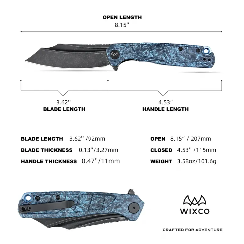 Wixco Splark Folding Knife - 3.62" 14C28N Cleaver Blade Blue Shredded Carbon Fiber and Luminous G10 Handle Cyclaire Knives and Tools