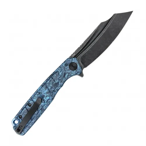 Wixco Splark Folding Knife - 3.62" 14C28N Cleaver Blade Blue Shredded Carbon Fiber and Luminous G10 Handle