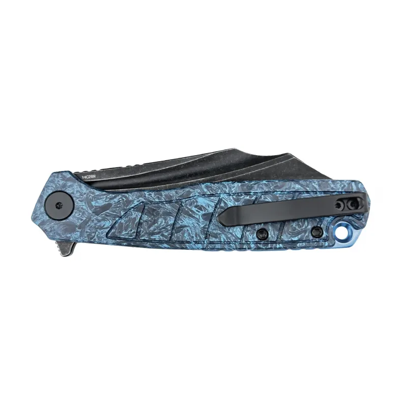 Wixco Splark Folding Knife - 3.62" 14C28N Cleaver Blade Blue Shredded Carbon Fiber and Luminous G10 Handle Cyclaire Knives and Tools