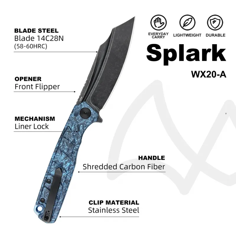Wixco Splark Folding Knife - 3.62" 14C28N Cleaver Blade Blue Shredded Carbon Fiber and Luminous G10 Handle Cyclaire Knives and Tools