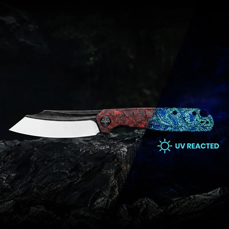 Wixco Splark Folding Knife - 3.62" 14C28N Cleaver Blade Red Shredded Carbon Fiber and Luminous G10 Handle Cyclaire Knives and Tools