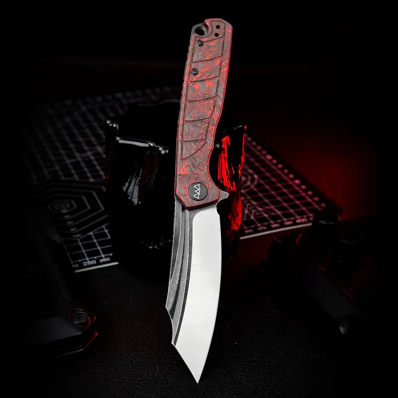 Wixco Splark Folding Knife - 3.62" 14C28N Cleaver Blade Red Shredded Carbon Fiber and Luminous G10 Handle Cyclaire Knives and Tools