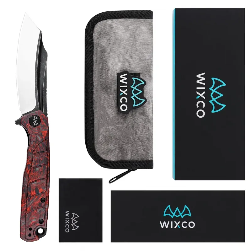 Wixco Splark Folding Knife - 3.62" 14C28N Cleaver Blade Red Shredded Carbon Fiber and Luminous G10 Handle Cyclaire Knives and Tools