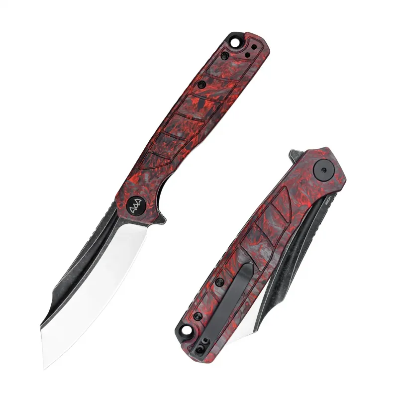 Wixco Splark Folding Knife - 3.62" 14C28N Cleaver Blade Red Shredded Carbon Fiber and Luminous G10 Handle Cyclaire Knives and Tools
