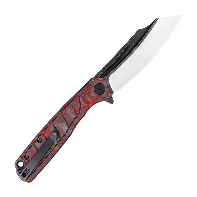 Wixco Splark Folding Knife - 3.62" 14C28N Cleaver Blade Red Shredded Carbon Fiber and Luminous G10 Handle Cyclaire Knives and Tools