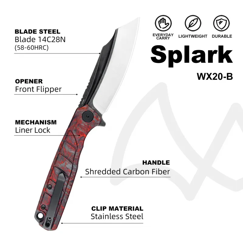 Wixco Splark Folding Knife - 3.62" 14C28N Cleaver Blade Red Shredded Carbon Fiber and Luminous G10 Handle Cyclaire Knives and Tools