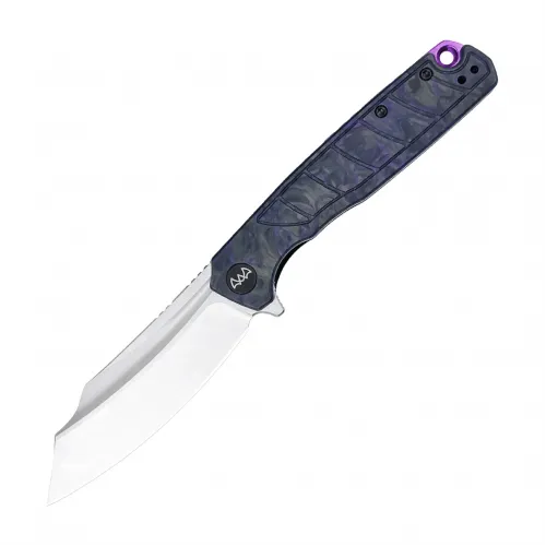 Wixco Splark Folding Knife - 3.62" 14C28N Cleaver Blade Purple Shredded Carbon Fiber and Luminous G10 Handle