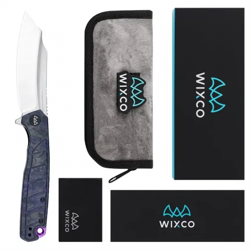 Wixco Splark Folding Knife - 3.62" 14C28N Cleaver Blade Purple Shredded Carbon Fiber and Luminous G10 Handle