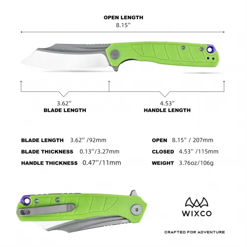 Wixco Splark Folding Knife - 3.62" 14C28N Cleaver Blade Green Luminous G10 Handle