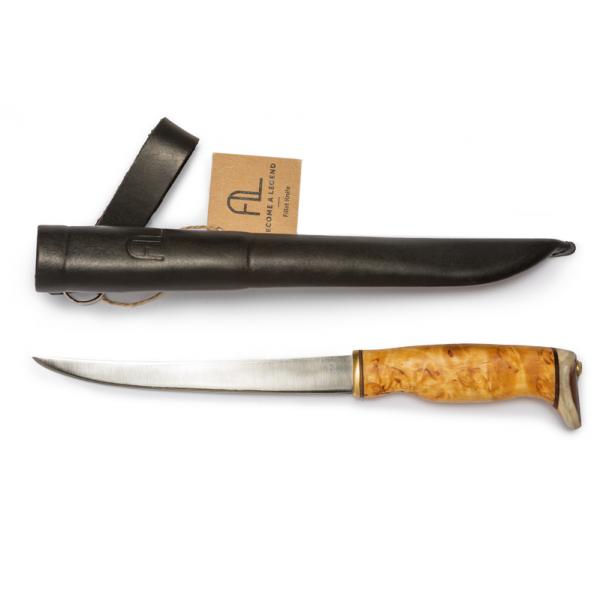 Arctic Legends Fillet Knife - 6.3" Stainless Steel Blade Birch Handle with Reindeer Antler Trim Leather Sheath