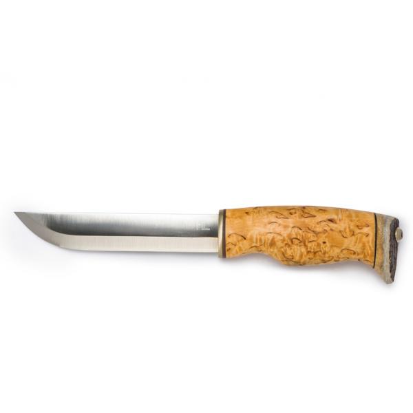Arctic Legends Bear Knife - 5.7" Stainless Steel Blade Curly Birch Handle with Reindeer Antler Trim Leather Sheath